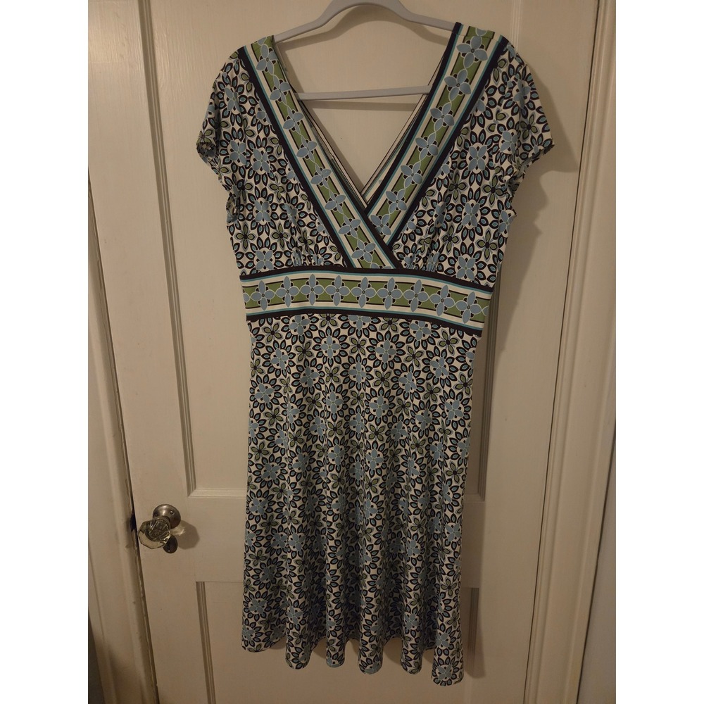 Dressbarn Womens Blue Green Floral V-Neck Empire Waist A-Line Dress Size 14